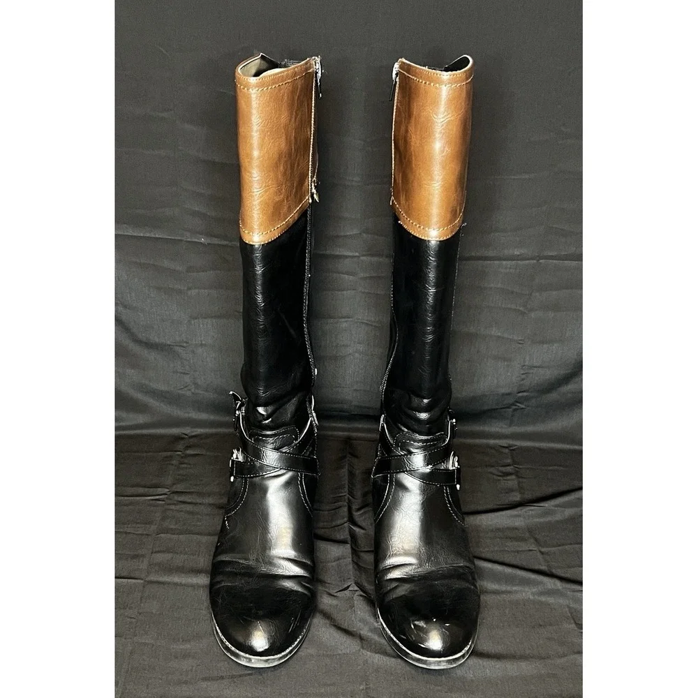 Unisa Untrinee Knee High Boots Size 9.5M Black Brown Faux Leather Riding Boots